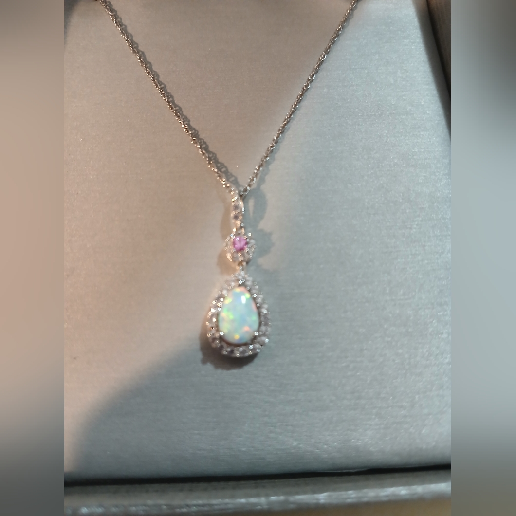 Nwot Zales Pear-Shaped Opal, Pink And White Sapphire Pendant In Sterling Silver.